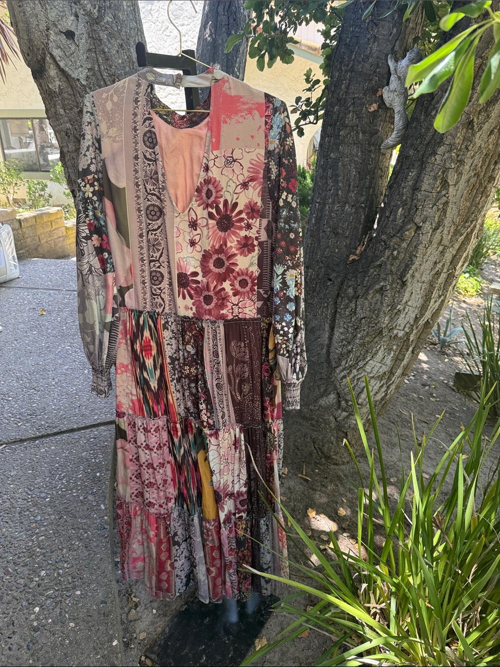 Boho Patchwork Floral Maxi Dress in Pink and Burgundy